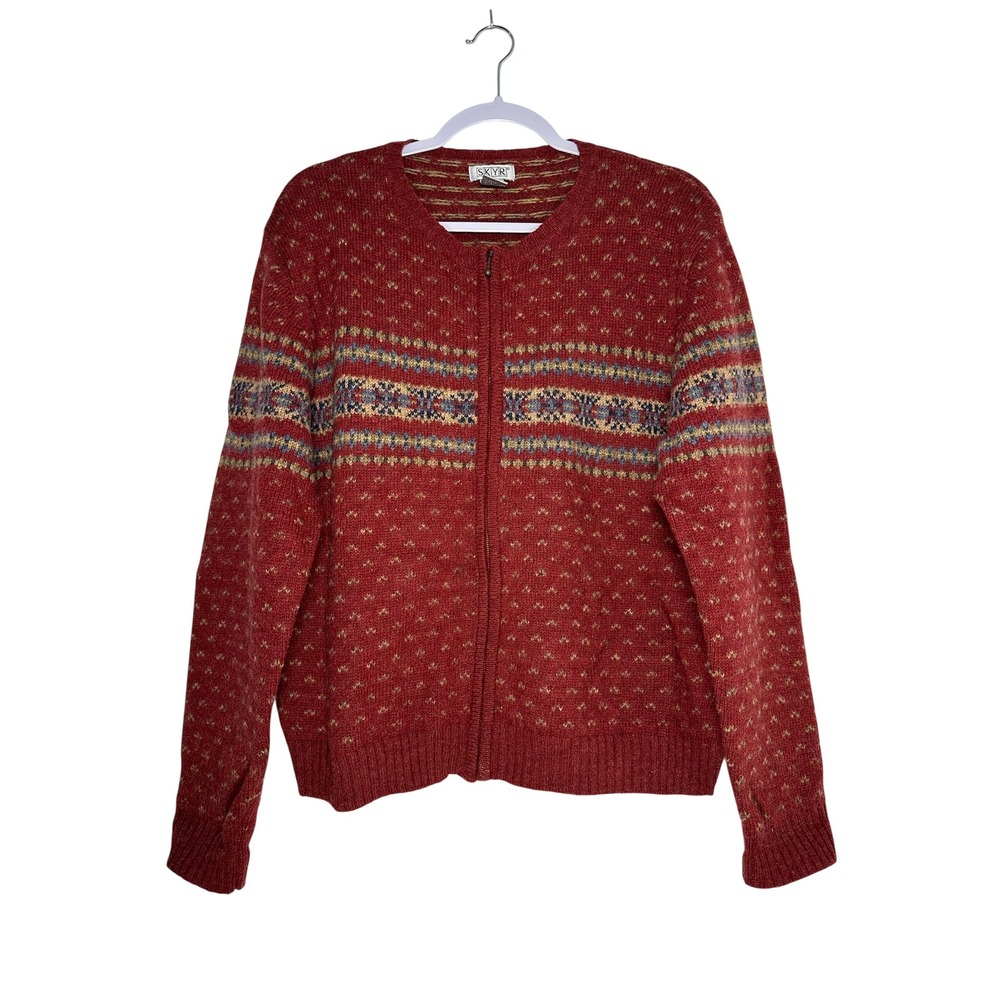 Skyr Vintage 100% Wool Red Fair Isle‎ Full Zip Cardigan Sweater Large